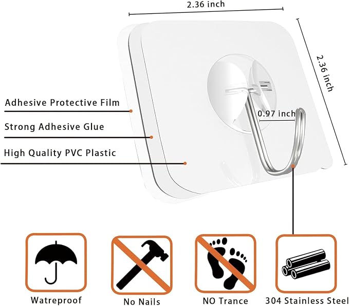 Latoxcaa Heavy Duty Adhesive Hooks 10-Pack: Holds 22lb, Strong Reusable & - Image 3