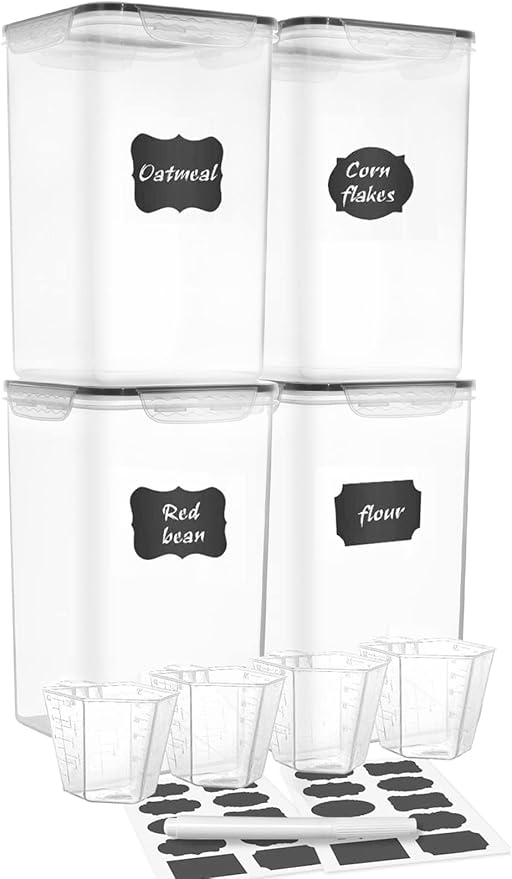 M MCIRCO Extra Large 7qt / 6.5L/220oz Tall Food Storage Containers, WIDE & DEEP, 4-Piece Plastic Airtight Kitchen Pantry Storage Containers for Flour, Sugar, with 4 Measuring Cups,20 Labels