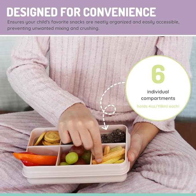 melii Snackle Box | 6-Compartment Divided Snack Container, BPA-Free Food Storage with Removable Dividers for School, Travel & On-the-Go Snacking (Pink)