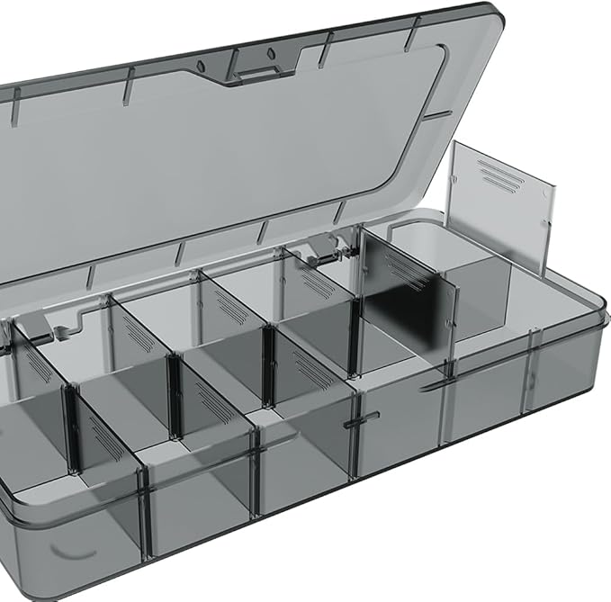 Plastic Organizer Box,12 Grids Clear Bead Organizer Compartment Box with Removable Dividers for Parts,Bead Storage Earring Container Tool Hair Accessories,grey