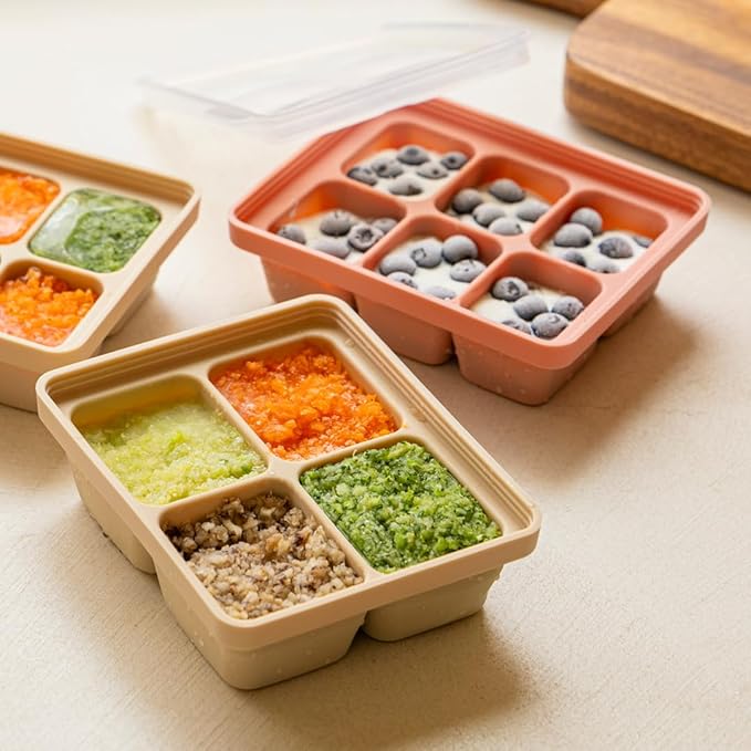 Silicone Freezer Tray, Made in Korea, Meal Prep & Food Storage Cubes with Lid for Purees, Soups, Fruits, Vegetables, Breastmilk (Creme Brulee, 4 Cube - 12.17oz)