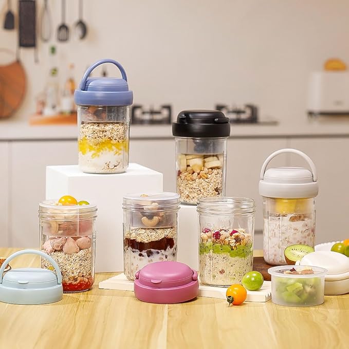 UWILLION 2 Pack Overnight Oats Containers with Lids and Handles, Folding Spoons & Divided Compartments for Fruit & Nuts, 16oz Glass Mason Jars for Oatmeal, Meal Prep & Breakfast (Cream/Deep-Blue)