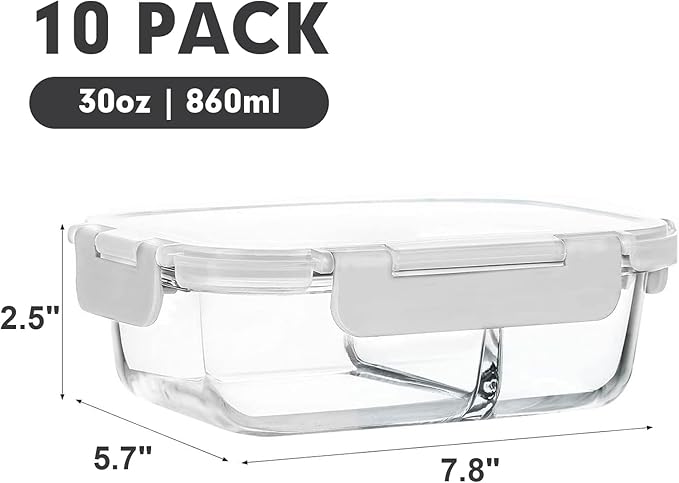 M MCIRCO [10-Pack,30 Oz Glass Meal Prep Containers 2 Compartments Airtight Lunch Bento Boxes with Lids, Glass Food Storage Containers, Microwave, Oven, Freezer and Dishwasher, White
