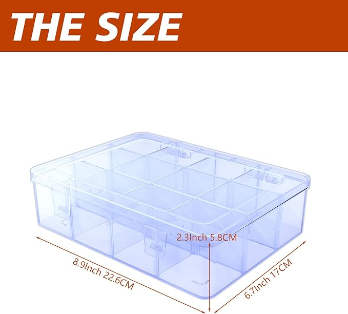 Plastic Organizer Tackle Box, 12 Grids Clear Bead Organizer Compartment Box with Removable Dividers for Snackle box,Parts, Earring Tool Fishing Hook Hair Accessories,8.8" L x 6.4" W x 2" H