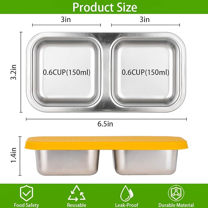 SUMERX 3 Pack Stainless Steel Snack Containers, 2 Compartment Snack Containers with Lids, Reusable Food Storage Containers with Lids for Travel, Outdoor, Camping