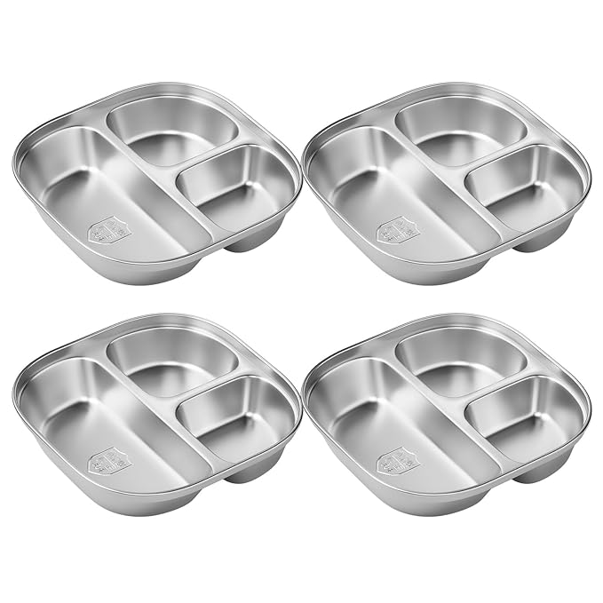 Stainless Steel Kids Plates,Set of 4 Toddler Plates with Lids - 3 Compartments Stainless Steel Snack Containers for Kids Non Toxic & 100% BPA Free