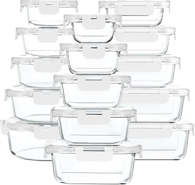 30 Pieces Glass Food Storage Containers with Upgraded Snap Locking Lids,Glass Meal Prep Containers Set - Airtight Lunch Containers, Microwave, Oven, Freezer and Dishwasher Friendly (White)