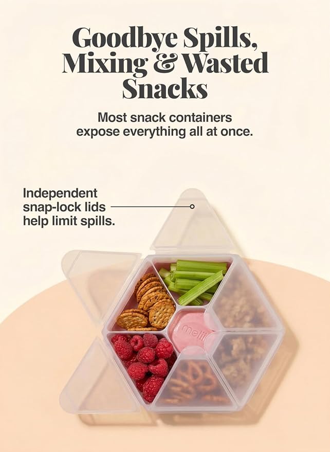melii Hexagone Snackle Box | 6 Compartment Snack Container with Individual Snap-Lock Lids, Easy-Grip Design for Kids & Adults, Portion-Control Food Storage for Lunch, Travel & On-the-Go (Pink)