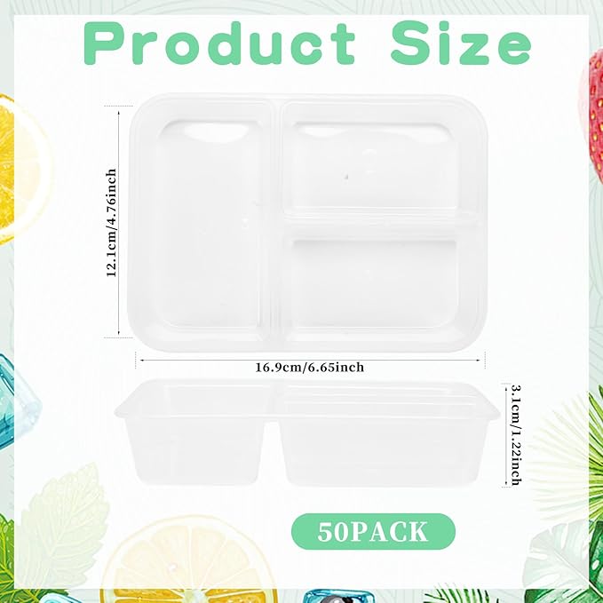 50 Pack 16 oz Clear Snack Containers with Lids, 3 Compartment Plastic Bento Boxes for Lunch, Travel, Work, Sauce, Dip, Condiments
