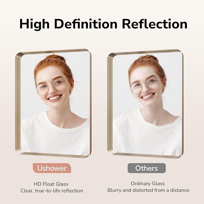 USHOWER Gold Bathroom Mirror 24"x36", Brushed Gold Rounded Rectangle Mirror - Image 3