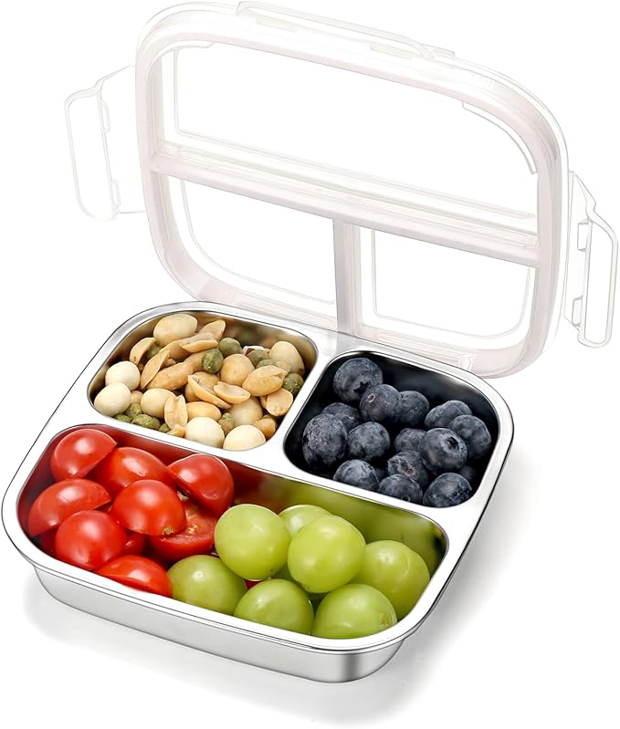 Stainless Steel Snack Containers for Kids, 3 Compartments Reusable on the go Bento Box with Lids, Lunch Box Pre Meal Storage for School Office Outdoor Camping Travel - White