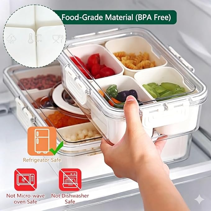 Small Snack Box Container, Divided Serving Tray with Lid, 4 Compartment Snack Box Container for Candy, Fruits, Charcuterie, Travel & Parties, BPA-Free, 2 Pack (Hand Wash Only)