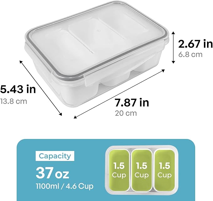carrotez Food Storage Containers with 3 Removable Compartments, Food Prep Container with Airtight Lids, Portion Control Container, Microwave Safe, Reusable, 4.64 Cup (1100ml)