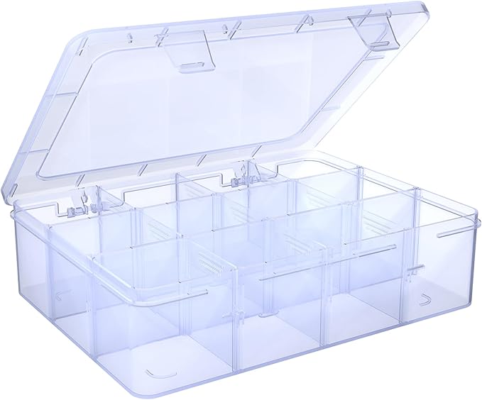 Plastic Organizer Tackle Box, 12 Grids Clear Bead Organizer Compartment Box with Removable Dividers for Snackle box,Parts, Earring Tool Fishing Hook Hair Accessories,8.8" L x 6.4" W x 2" H