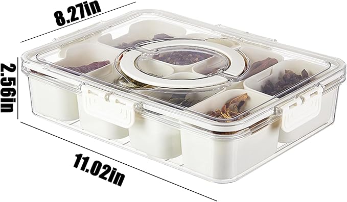 Plastic Divided Serving Tray with Lid and Handle Snack Box Charcuterie Container Portable Snack Platters Organizer for Candy, Fruits, Snacks, Nuts, for Party, Entertaining (White 8 compartments)