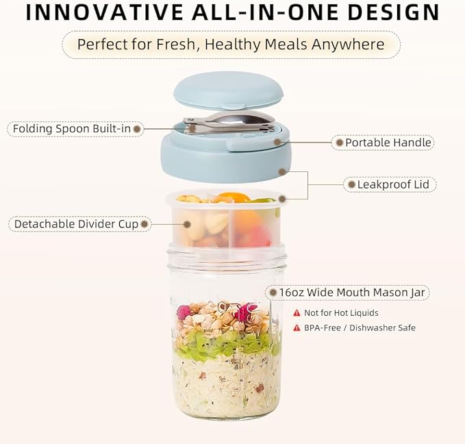 2 Pack Overnight Oats Containers with Lids and Handles, Folding Spoons & Divided Compartments for Fruit & Nuts 16oz Mason Jars for Oatmeal, Yogurt Container Chia Pudding Jars with Lids (Cream/Blue)
