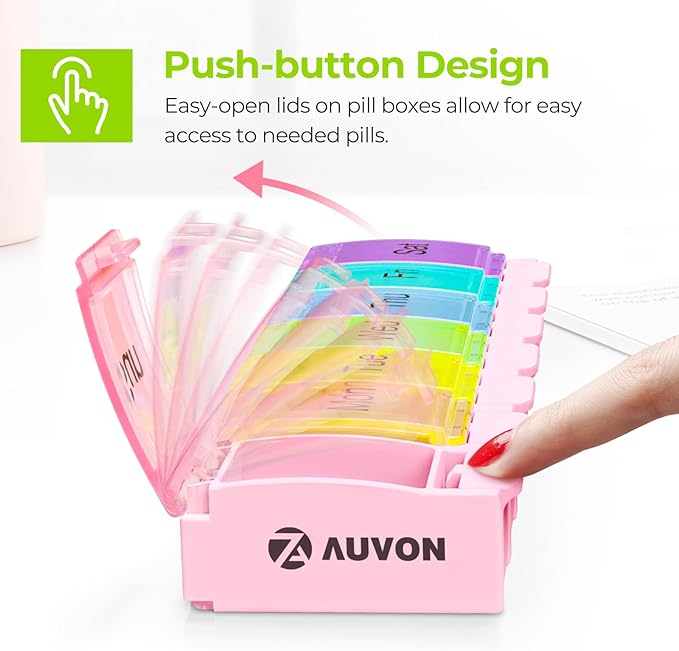 AUVON Weekly Pill Organizer Arthritis Friendly, BPA Free Travel 7 Day Pill Box Case with Spring Open Design and Large Compartment to Hold Vitamins, Cod Liver Oil, Supplements and Medication