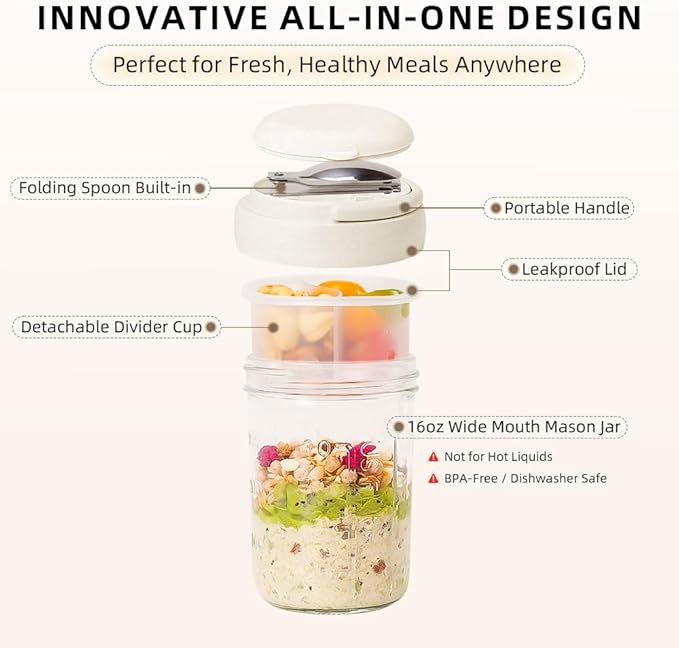 2 Pack Overnight Oats Containers with Lids and Handles, Folding Spoons & Divided Compartments for Fruit & Nuts, 16oz Mason Jars for Oatmeal Yogurt Container Chia Pudding Jars with lids (Cream 2pcs)