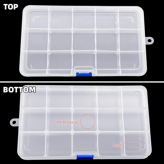 DUOFIRE Plastic Organizer Container Storage Box Adjustable Divider Removable Grid Compartment for Jewelry Beads Earring Container Tool Fishing Hook Small Accessories（15 grids，White x 4）