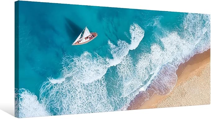 Goldfoilart Blue Ocean Sea Beach Canvas Wall Art Sailboat Painting Print on by Goldfoilart