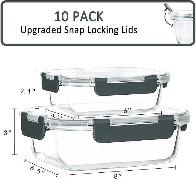 [10-Pack] Glass Meal Prep Containers with Lids, MCIRCO Food Storage Containers with Snap Locking Lids, Airtight Lunch Containers, Microwave, Oven, Freezer and Dishwasher