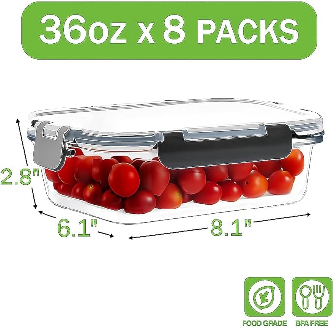 8 Pack 36oz Large Glass Meal Prep Containers with lids, Glass Food Storage Containers with Leak Proof Snap Lock Lids , Airtight Bento lunch Boxes, Kitchen Storage, Oven, Freezer and Dishwasher Safe
