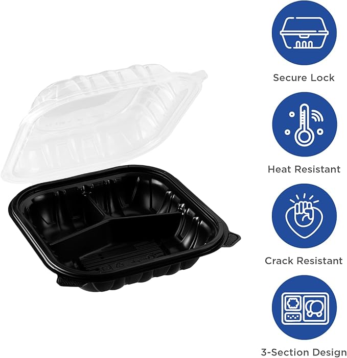 Karat Premium PP Hinged Container, Take Out Food Containers - Case (10.25"x9", 3 compartments)