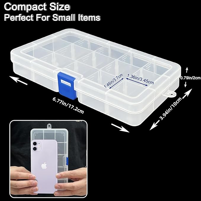 DUOFIRE Plastic Organizer Container Storage Box Adjustable Divider Removable Grid Compartment for Jewelry Beads Earring Container Tool Fishing Hook Small Accessories (15 grids, White X 12)