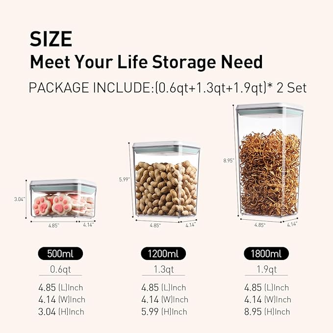 Pop Food Storage Containers Set, 6Pcs Airtight Containers with Lids for Kitchen Pantry Organizers and Storage,One Button Opening BPA-Free Food Containers for Cereal Flour Sugar(0.6, 1.3, 1.9Qt)*2