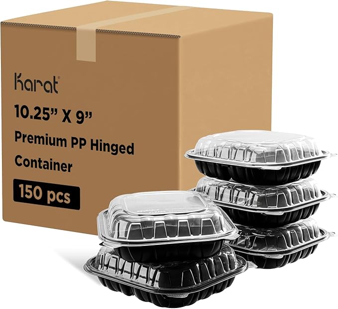 Karat Premium PP Hinged Container, Take Out Food Containers - Case (10.25"x9", 3 compartments)