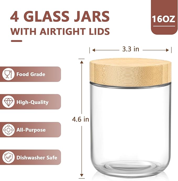 DRKIO 16 Oz Overnight Oats Containers with Bamboo Lids - 4 Pack Glass Storage Jars with Airtight Lids Wide Mouth Mason Food Jars Great for Meal Prep Salad Chia Pudding Snacks Yogurt Sugar Spice Cereal