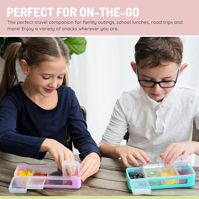 melii Snackle Box | 4 Compartment Divided Snack Container with Individual Lids, Kids Lunch & Travel Food Storage Organizer, BPA-Free, 2-Pack (Pink + Purple)