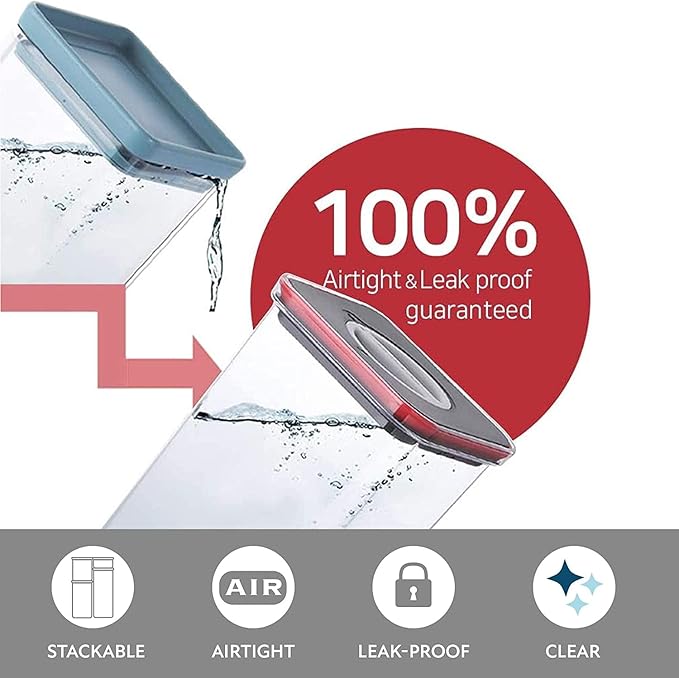 Neoflam Airtight Smart Seal Food Storage Container (Set of 3) | Crystal Clear Body | Modular, Stackable, Nestable Design (2.1L, Square)