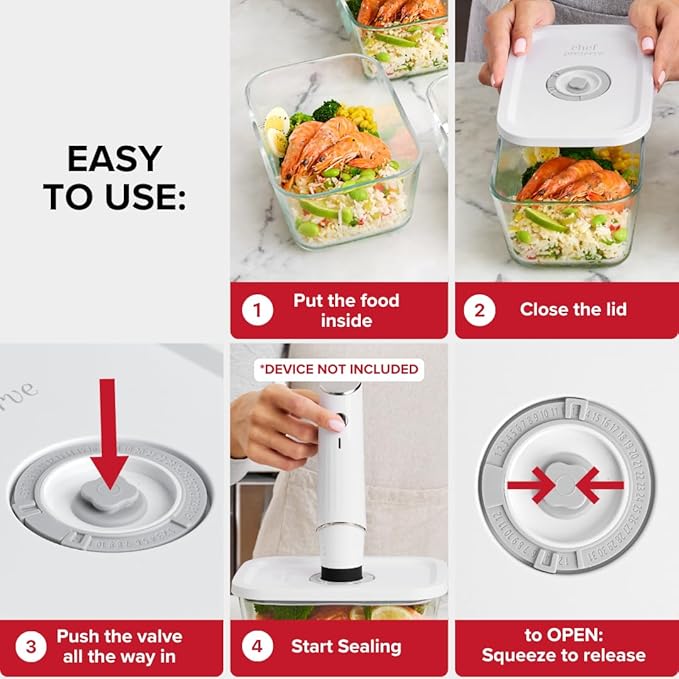 Chef Preserve Glass Vacuum Seal Containers for Food Storage, Made For Compact Vacuum Sealer, 3pcs set [1x Small, 1x Medium, 1x Large] Works With Handheld Vacuum Sealer Machine