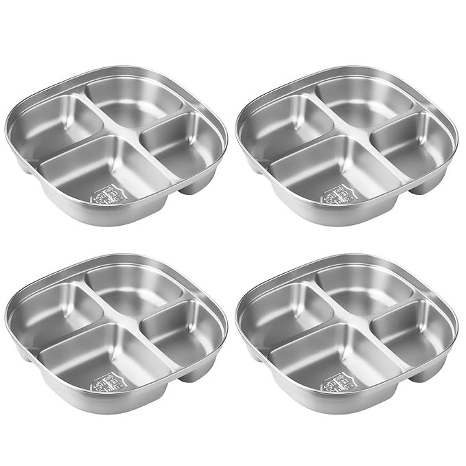 Stainless Steel Kids Plates,Set of 4 Toddler Plates with Lids - 4 Compartments Stainless Steel Snack Container for Kids Non Toxic & 100% BPA Free