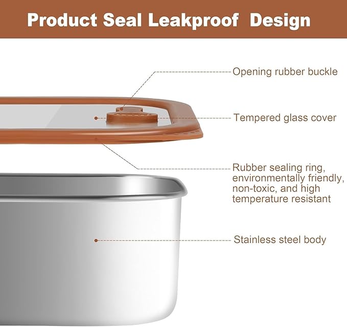 304 Stainless Steel Food Storage Containers - Heat-Resistant Glass Lid Set for Secure Meal Prep, Ideal for Cooking, Office & Camping (3pcs-21 oz, 42 oz and 70 oz)