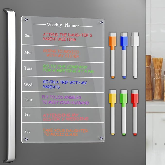 8"x12" Clear Weekly Meal Planner Magnetic Acrylic Board,Acrylic Magnetic Dry Erase Board for Fridge, Magnet Week Calendar for Refrigerator Includes 6 Colors Markers