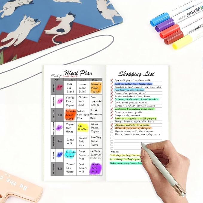 Pocket Planner Notebook with Plastic Sleeve, Meal Planner Refills with Shopping List, 30Sheets, 8.25"x4.25" Regular TN Journal Inserts for Food, Travelers Notebook Insert for Healthy Eating. Blue Cat