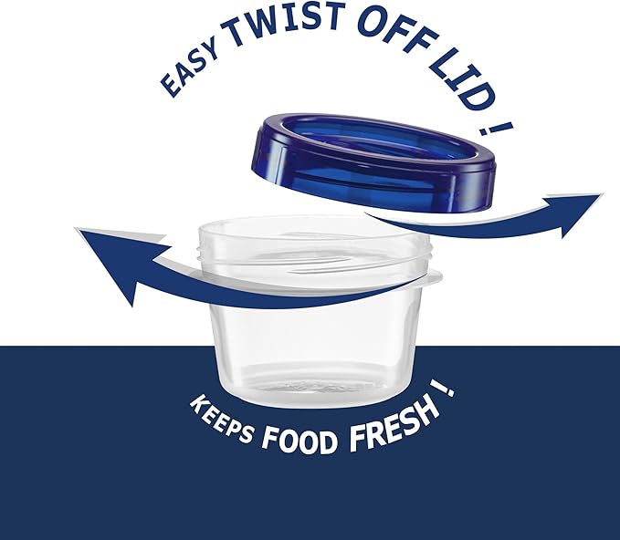 ELEGANT DISPOSABLES Twist Top Containers Small Food Storage Containers Blue Screw on Lid Reusable Stackable Leakproof Airtight, Pack of 10-4 oz Containers