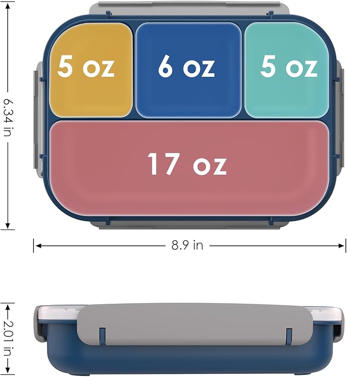 WHALEHOUSE Bento Lunch Box, 1000ML 4 Compartments Meal Prep Container with Utensil, Airtight Food Storage Container with Snap Locking Lids, Microwave/Dishwasher/Freezer Safe, On the Go