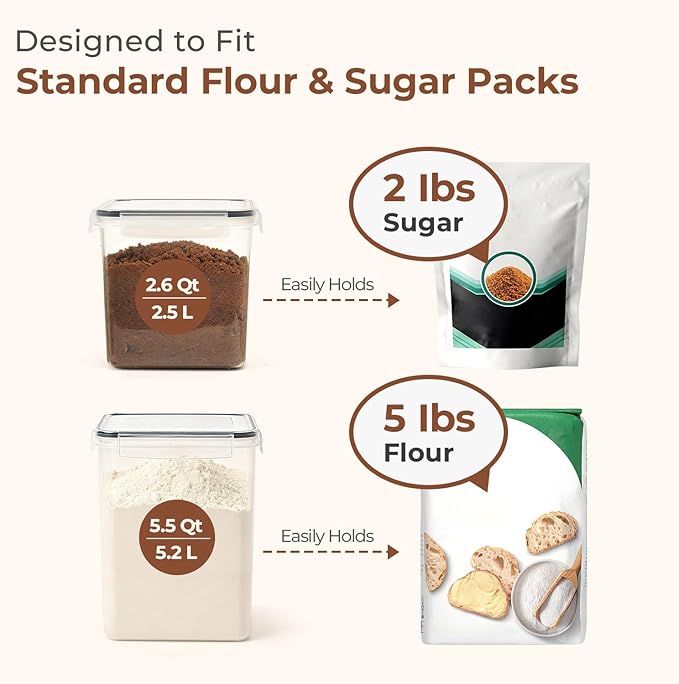 ComSaf Flour Sugar Storage Containers Set of 3 (5.2L/5.5Qt) (2.5L/2.6Qt*2), Large Airtight Food Storage Containers with Lids, Plastic Canisters Sets for Kitchen, Pantry Organizers for Rice and Baking
