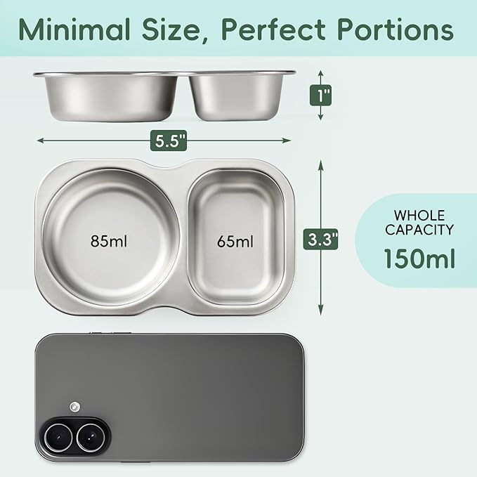 VITEVER 4 Pack Small Stainless Steel 2-Compartment Snack Containers with Lids, Reusable Snack Pack Containers, Lunch Box Accessories,Double Compartment Salad Dressing Containers to Go, 5.3oz