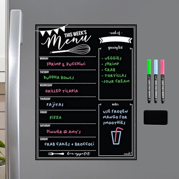 Cinch! 16x12-Inch Chalkboard Weekly Menu - Magnetic Meal Planner Board for Refrigerator - Reusable Black Menu Board with 3 Neon Liquid Chalk Markers - Weekly Food Planner for Kitchen Organization