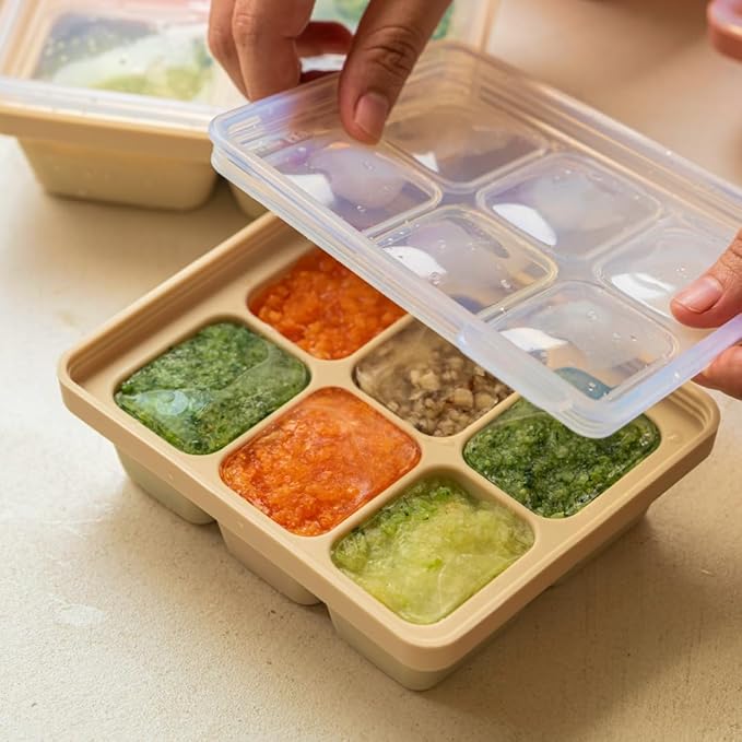 Silicone Freezer Tray, Made in Korea, Meal Prep & Food Storage Cubes with Lid for Purees, Soups, Fruits, Vegetables, Breastmilk (Creme Brulee, 4 Cube - 12.17oz)