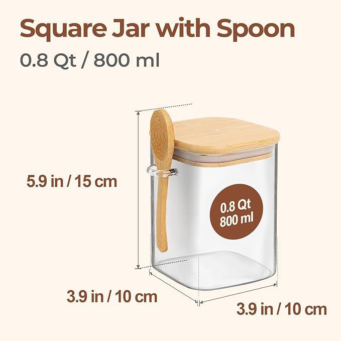 ComSaf 0.8 Qt Glass Jars with Bamboo Lids & Spoons Set of 4, Square Glass Containers with Lids, Sugar Coffee Containers Salt Spice Jars, Pantry Storage Container for Loose Tea, Candy, Brown Sugar, Nut