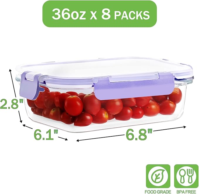 8 Pack 36oz Large Glass Meal Prep Containers with lids, Glass Food Storage Containers with Leak Proof Snap Lock Lids , Airtight Bento lunch Boxes, Kitchen Storage, Oven and Dishwasher Safe-Purple