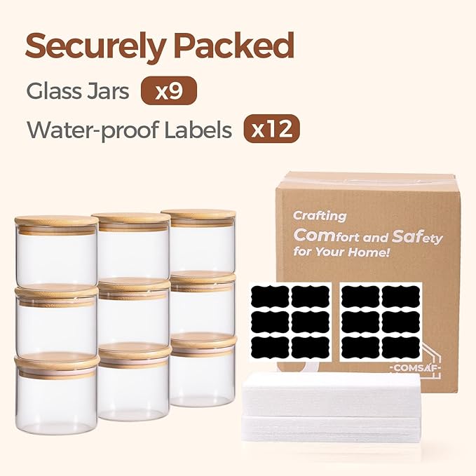 ComSaf 0.5 Qt Glass Food Storage Jars Set of 9, Clear Glass Storage Containers with Lids, Pantry Organization Jar, Spice, Salt, Blooming Tea, Coffee, Oat and Sugar Container, Small jar Set for Kitchen