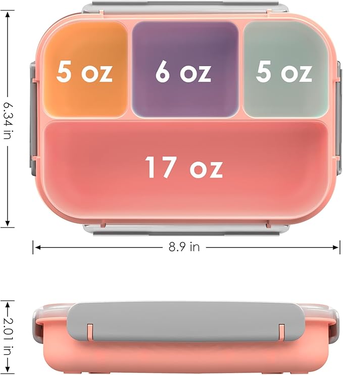 WHALEHOUSE Bento Lunch Box, 1000ML 4 Compartments Meal Prep Container with Utensil, Airtight Food Storage Container with Snap Locking Lids, Microwave/Dishwasher/Freezer Safe, On the Go