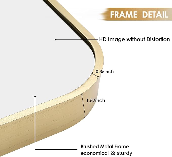 24x32 Inch Gold Bathroom Mirror, Brushed Gold Metal Framed Rectangular Mirror - Image 4