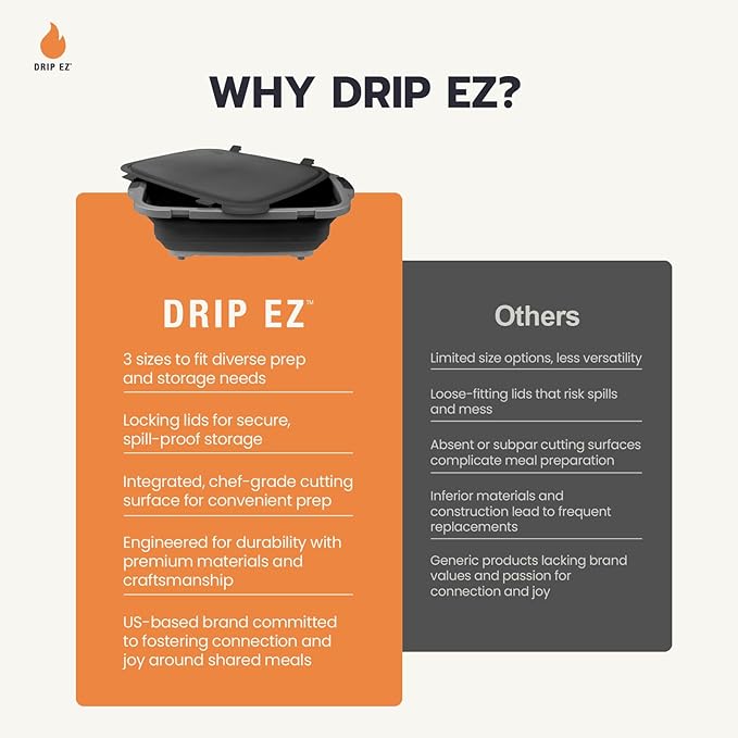 Drip EZ Collapsible BBQ Prep Tubs 2-Piece Set - For Meal Prep Marinating Food Storage - Includes Cutting Board & Lid - (1) OG + (1) XL - Orange